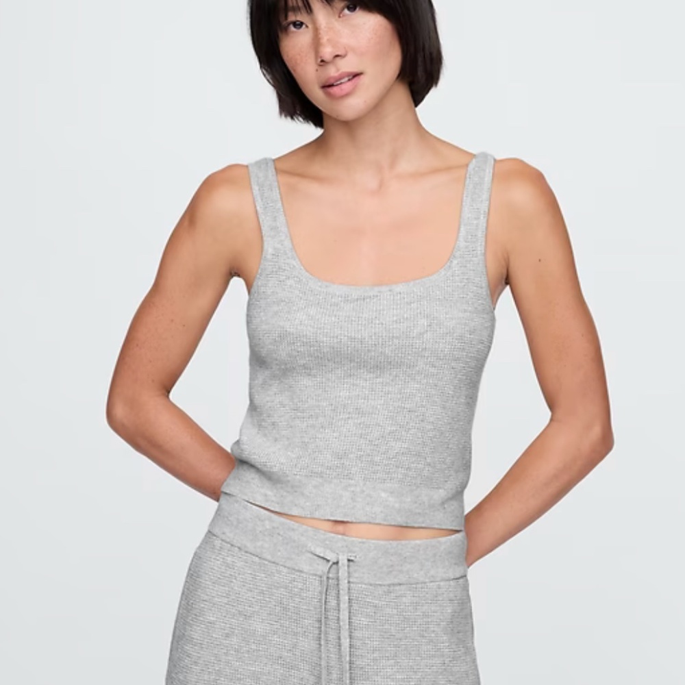 NWOT Gap CashSoft Grey Waffle PJ Cropped Tank Top and Joggers Petite Medium